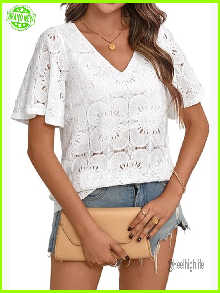 Floral Embroidered Lace Top, V-Neck Bell Sleeves, Loose Fit Summer Tee